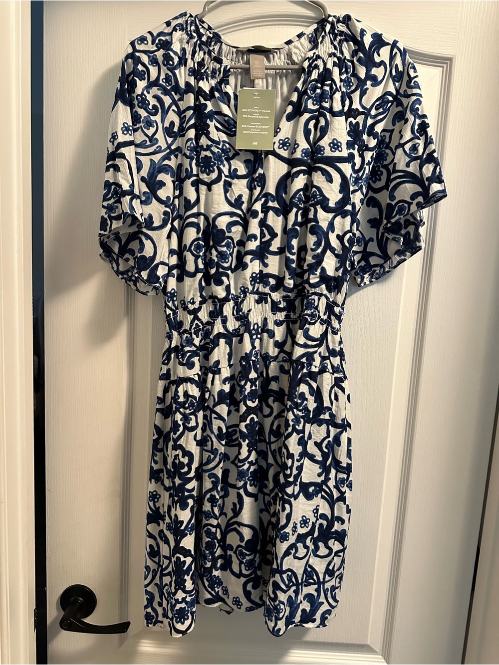H&M White Dress with Navy Floral Scroll Print